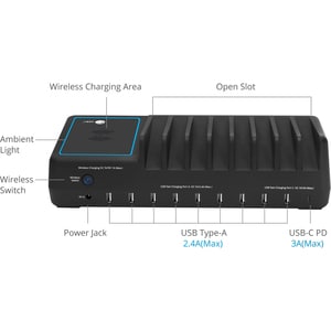 SIIG 10-Port USB-A/C & Wireless Charging Station With Ambient Light Deck - Allows you to power and charge up to 9 USB-A & 