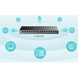 TP-Link TL-SG116E 16 Ports Ethernet Switch - Gigabit Ethernet - 10/100/1000Base-T - 2 Layer Supported - 9.19 W Power Consu