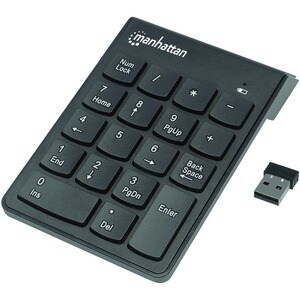 Numeric Keypad, Wireless (2.4GHz), USB-A Micro Receiver, 18 Full Size Keys, Black, Membrane Key Switches, Auto Power Manag