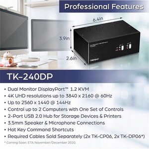 TRENDnet TK-240DP KVM Switchbox - TAA Compliant - 2 Computer(s) - 1 Local User(s) - 3840 x 2160 - 2 - 6 x USB - 6 x Displa