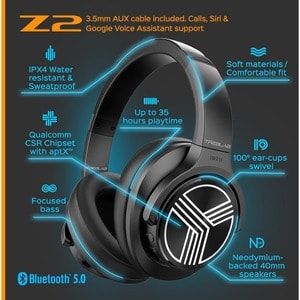 TREBLAB Z2 |Over Ear Workout Headphones with Microphone |Bluetooth 5.0, ANC|Wireless Headphones for Sport, Running, Gym(Bl