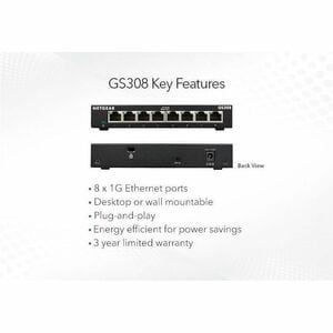 Netgear Business GS308 Ethernet Switch - 8 Ports - Gigabit Ethernet - 10/100/1000Base-T - 2 Layer Supported - 3.04 W Power