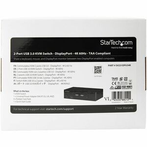 StarTech.com 2-Port DisplayPort KVM Switch - 4K 60Hz - 2 Computer(s) - 1 Local User(s) - 3840 x 2160 - 8 x USB - 3 x Displ