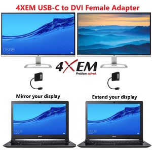 4XEM USB-C to DVI Adapter - 1 x 24-pin Type C USB 3.1 USB Male - 1 x DVI Video Female - 1920 x 1200 Supported - Black - 1