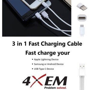 4XEM USB To Lightning Micro USB and USB Type C Cable For iPhone/iPod/iPad/Galaxy - 4XEM USB To Lightning, Micro USB and US
