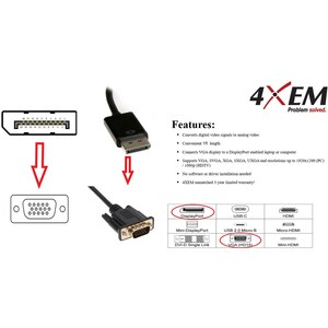 4XEM DisplayPort To VGA Adapter Cable - 3 ft DisplayPort/VGA Video Cable Adapter for Video Device, Monitor, Projector, Not