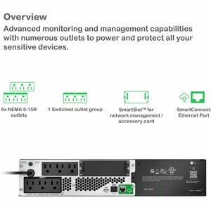 APC Smart-UPS, Line Interactive, 1000VA, Lithium-ion, Rack/Tower, 2U, 120V, 6x NEMA 5-15R outlets, SmartConnect Port+Smart