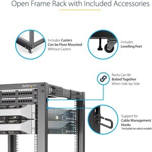 StarTech.com 4-Post 15U Mobile Open Frame Server Rack, 19" Network Rack with Casters, Rolling Rack for Computer/AV/Data/IT