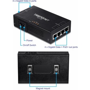 TRENDnet 65W 4-Port Gigabit PoE+ Injector, TPE-147GI, 4 x Gigabit Ports(Data in), 4 x gigabit PoE Ports(Data + PoE Out), M