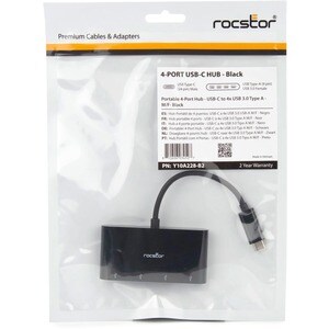 Rocstor Premium Portable 4 Port Hub - USB-C to 4x USB-A Slim Hub - USB 3.0 Hub - Bus Powered - Black - USB C to USB Type-A