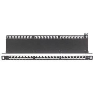 Patch Panel, Cat6a, FTP, 24-Port, 19", 0.5U, Shielded, 90° Top-Entry Punch Down Blocks, Black - 24 x RJ-45 - Desktop