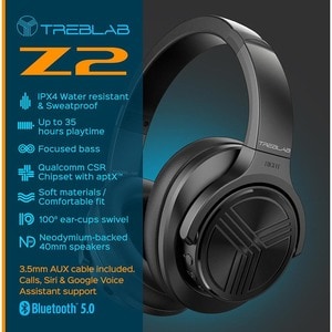 TREBLAB Z2|Over Ear Workout Headphones with Microphone|Bluetooth 5.0, ANC|Wireless Headphones for Sport, Running, Gym(A-Bl