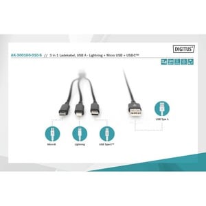 Digitus Ladekabel - 1 m - für iMac, iPhone, iPad, Smartphone, Tablet, Stromspeicher - USB Typ-A / Lightning, Micro-USB, US