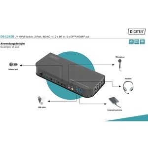 Digitus DS-12850 KVM Switchbox - 2 Computer(s) - 1 Local User(s) - 4096 x 2160 - 6 x USB - 1 x HDMI - 3 x DisplayPort - De