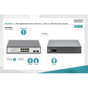 Digitus 8-Port Gigabit PoE Switch, 19 Zoll, Unmanaged, 2 Uplinks. Switch-Typ: Unmanaged. Basic Switching RJ-45 Ethernet Po