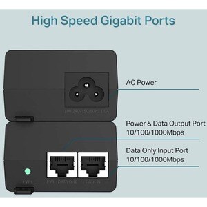 TP-Link PoE Injector - 1 x 10/100/1000Base-T Input Port(s) - 1 x 10/100/1000Base-T Output Port(s) - 30 W - Wall-mountable/