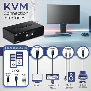 TRENDnet TK-241DP KVM Switchbox - TAA Compliant - 2 Computer(s) - 1 Local User(s) - 3840 x 2160 - 50 Hz, 60 Hz - 6 x USB -