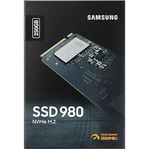 Samsung 980. SSD capacity: 250 GB, SSD form factor: M.2, Read speed: 2900 MB/s, Write speed: 1300 MB/s, Component for: PC
