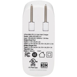 Eaton Tripp Lite Series Dual-Port Compact USB-C Wall Charger - GaN Technology, 68W PD Charging (50W+18W), White - 120 V AC
