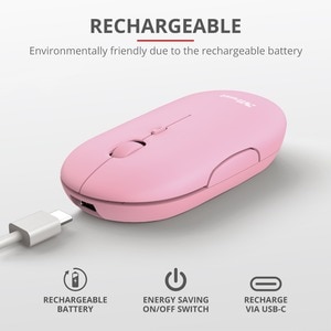 Trust Puck Mouse - Bluetooth/Radio Frequency - USB 2.0 Type A - Optical - 4 Button(s) - Pink - Wireless - 2.40 GHz - Recha