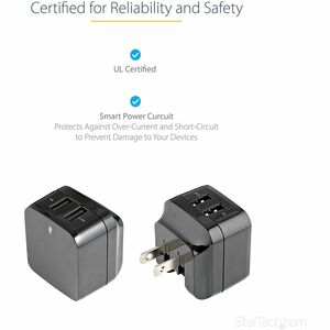 StarTech 2 Port USB Wall Charger, 17W Wall Charger Hub (2.4A & 1A port), Dual USB-A Power Adapter, Portable Charger for Ph