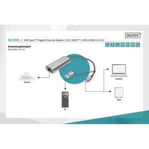 Digitus DN-3028 USB/Ethernet Combo Hub - USB 3.1 Type C - External - Grey - 1 Network (RJ-45) Port(s) - PC, iOS, Mac, Linu