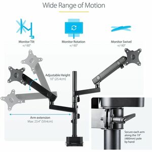 StarTech.com Desk Mount Dual Monitor Arm, Height Adjustable Monitor Mount for 2x VESA Displays up to 32" (17.6lb/8kg), Mec