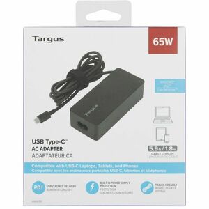 Targus APA107EU 65 W AC Adapter - 1 USB Type-C - For USB Type C Device, Notebook, Tablet, Phone - 1.80 m Cable - Black
