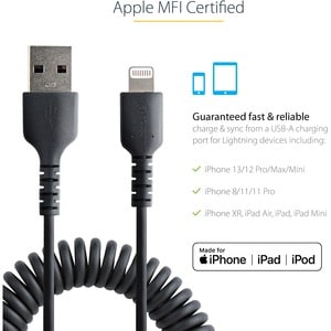 StarTech.com 50cm/20in USB to Lightning Cable, MFi Certified, Coiled iPhone Charger Cable, Black, Durable TPE Jacket Arami