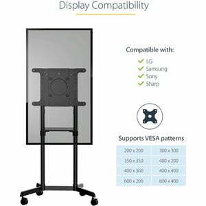 StarTech.com Mobile TV Cart, Portable Rolling TV Stand, 37-70 inch VESA Display Mount (154lb/70kg), Shelf & Storage, Rotat