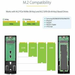 StarTech.com USB-C 10Gbps to M.2 NVMe or M.2 SATA SSD Enclosure, Tool-free M.2 PCIe/SATA SSD Aluminum Enclosure, USB-C & U