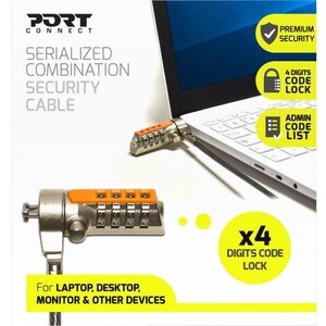 Port Cable Lock For Notebook, Desktop Computer, Monitor, Projector - 1.80 m Cable - 4-digit - Combination Lock - Dark Smok