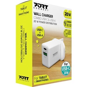 Port Connect 20 W AC Adapter - 1 Pack - For Tablet PC, Smartphone, USB Type A Device, USB Type C Device - 120 V AC, 230 V 