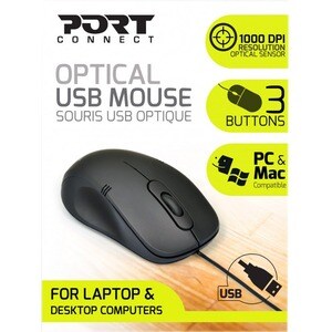 Port Travel Mouse - USB Type A - Optical - 3 Button(s) - Black - 1 - Cable - 1000 dpi - Scroll Wheel - Symmetrical