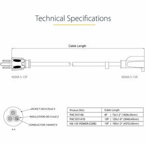 StarTech.com Cable 4.5m (15 pies) de Extensión, Cable de Extensión NEMA 5-15P a NEMA 5-15R, 15A 125V, 14AWG, Cable Alargad