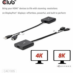 Club 3D HDMI + USB Bus powered to DisplayPort 4K120Hz or 8K30Hz M/F Adapter - 1 x HDMI Digital Audio/Video - Male, 1 x USB