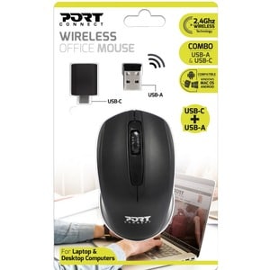 Port Connect Office Mouse - Radio Frequency - USB - Optical - 3 Button(s) - 1 - Wireless - 2.40 GHz - 1000 dpi - Scroll Wh