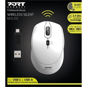 Port Silent Mouse - Radio Frequency - USB - Optical - 3 Button(s) - White - 1 - Wireless - 2.40 GHz - 1600 dpi - Scroll Wh