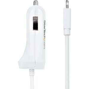 StarTech.com Lightning Car Charger with Coiled Cable, 1m Built-in Cable, 12W, White, 2 Port USB Car Charger Adapter, In Ca