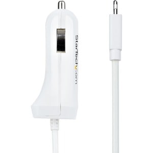 StarTech.com Lightning Car Charger with Coiled Cable, 1m Built-in Cable, 12W, White, 2 Port USB Car Charger Adapter, In Ca