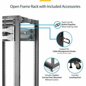 19 Inch 18U Open Frame Rack - 4 Post - 22-40 Adjustable Depth - 1200 lb. Capacity w/ Casters and Cable Hooks (4POSTRACK18U)
