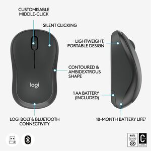 Logitech M240 Mouse - Optical - Wireless - 32.81 ft (10000 mm) - Bluetooth - Graphite - USB Type A - 4000 dpi - Scroll Whe