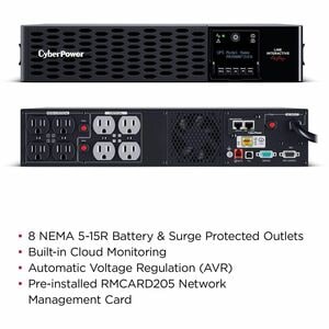 CyberPower PR1500RT2UCN Smart App Sinewave UPS Systems - 1500VA/1500W, 120 VAC, NEMA 5-15P, 2U, Rack / Tower, Sine Wave, 8