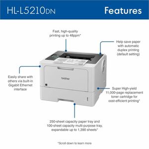 Brother HLL5210DN Desktop Wired Laser Printer - Monochrome - 48 ppm Mono - 1200 x 1200 dpi Print - Automatic Duplex Print 