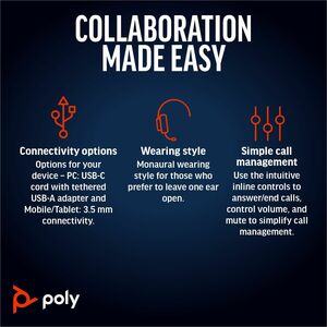 Poly Blackwire 5220 Com fios Na orelha, Headset Estéreo Fone de ouvido - Preto - Microsoft Teams Certification - Binaural 