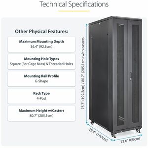 StarTech.com 42U Rack Cabinet for Server - Black - Steel, Mesh - 907 kg Maximum Weight Capacity - 907 kg Static/Stationary