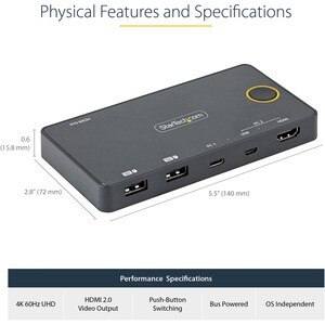 StarTech.com SV221HUC4K KVM Switchbox - 2 Computer(s) - 1 Local User(s) - 3840 x 2160 - 4 x USB - USB 2.0 - 2 x HDMI