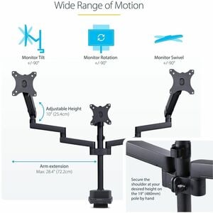 StarTech.com Triple Monitor Desk Mount For Up To Three 27in Screens, VESA 75x75/100x100, Tool-Less Arm Adjustments, C-Clam