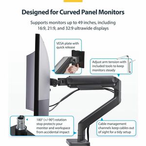 StarTech.com Monitor Desk Mount for up to 49in 32:9 Ultrawide Curved Screen, Mechanical Spring Arm, C-Clamp/Grommet, Max W