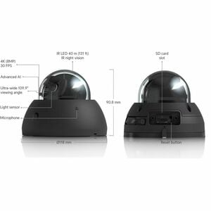 Ubiquiti UniFi 8 Megapixel 4K Network Camera - Color - Dome - Black - 131.23 ft Infrared Night Vision - 3840 x 2160 Fixed 